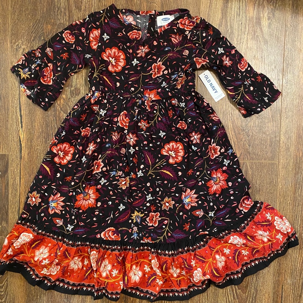 Old Navy Black and Red Floral Long Sleeve Dress